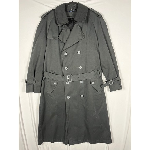 Vtg Stafford Double Breasted Lined Belted Trench Coat Overcoat Black Sz 38 Short